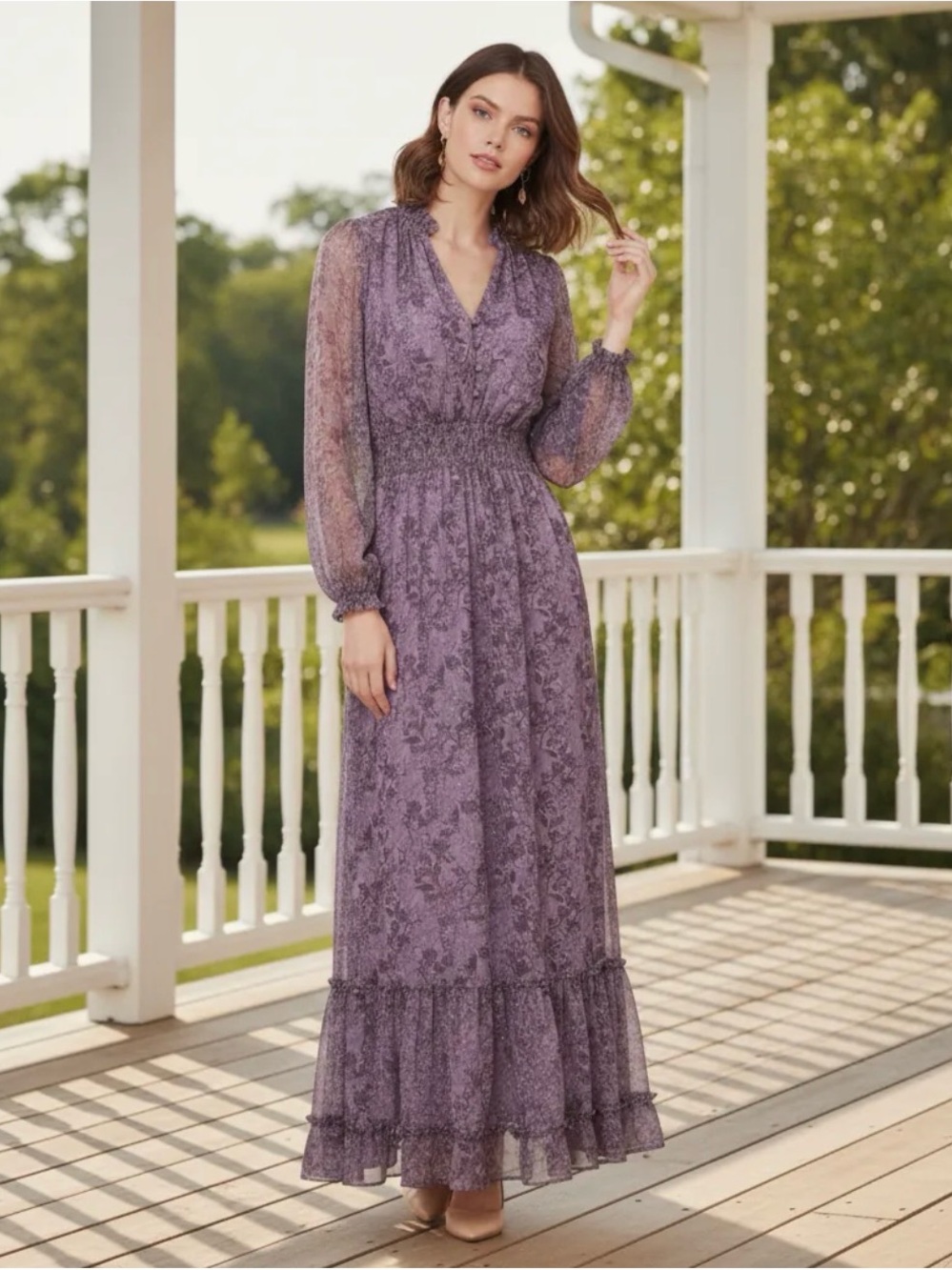 NEW Joflower Smocked  Waist Lavender Floral Tula Maxi Dress with Ruffle Hem